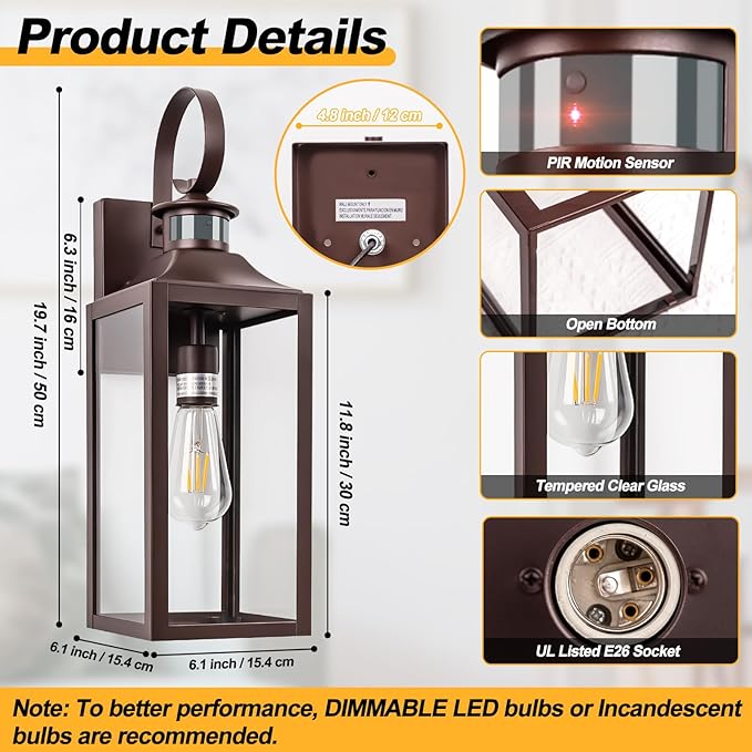 Large Motion Sensor Outdoor Wall Light 20" - Oil Rubbed Bronze Dusk to Dawn Outdoor Lighting, Modern Wall Mount Light Fixture, Brown Porch Light Fixture for Outside House Garage, 3 Modes