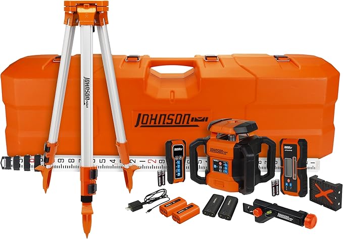 Johnson Level & Tool JRT300-RDHV-S Self-Leveling Red Dual Slope Rotary Laser System, 4,000FT Range, Lithium Ion Batteries, Magnetic Target, Laser Detector, Remote Control, Tripod and 13 FT Grade Rod