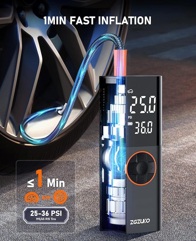 Tire Inflator Portable Air Compressor - 150PSI Fast Cordless Air Pump for Car Tires, Rechargeable Bike Tire Pump with Digital Pressure Gauge, LED Light for Cars, Bicycles, Balls and More