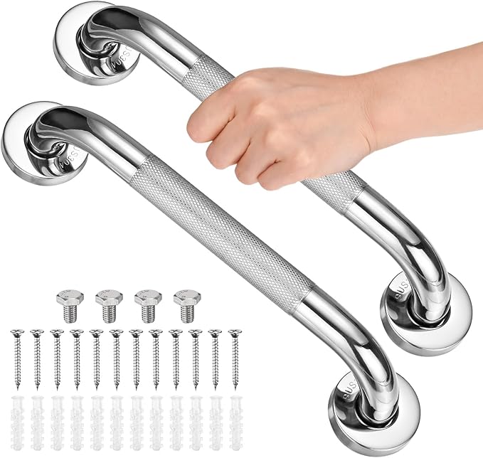 2-Pack 12 Inch Anti Slip Grab Bars for Bathtubs and Showers, Stainless Steel Safety Shower Handle for Bathroom/Toilet/Seniors/Elderly Assist Bath Handle [Chrome]
