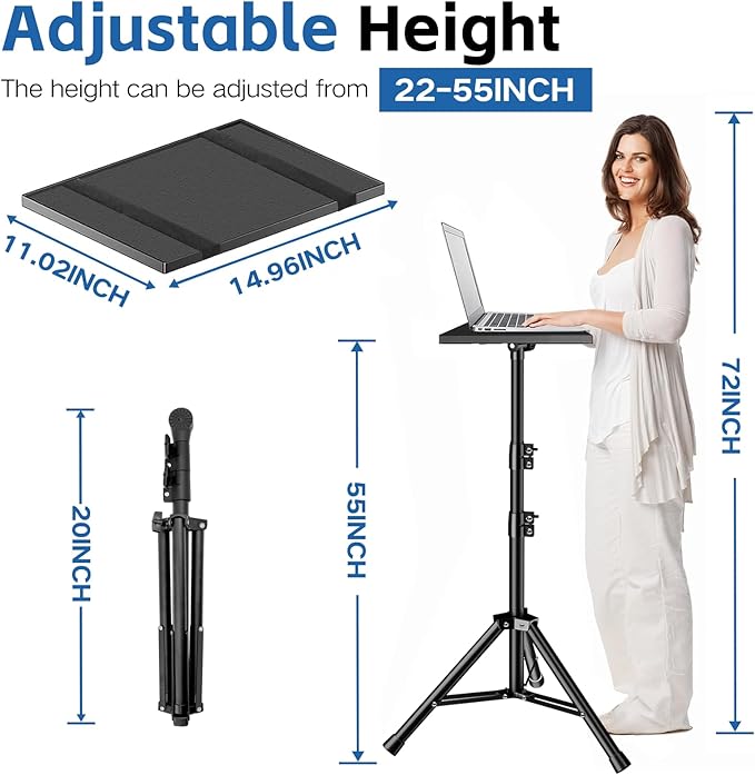 Projector Stand, 33LB Load Bearing & 22-55" Height Adjustable, for Projector/Laptop/DJ Gear, Outdoor/Office/Studio - Stable Base (Black)