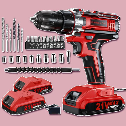 Drill, 21V Cordless Drill with Dual 2.0Ah Power Pack and Charger, Electric Power Drills Set, 3/8 Inch Chuck, 25+1 Torque, 2 Speed 29 Accessories Tool for DIY, Gifts