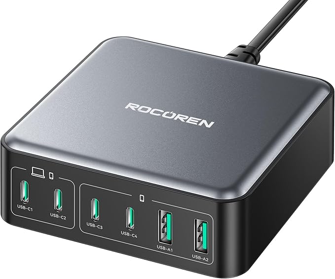 270W USB C Charger Block, Rocoren 6 Port Multi USB-C Charging Station,100W PD Fast USBC Gan Charger Station Hub Dock for Multiple Devices, Laptop Type C for MacBook/iPhone 17/iPad/Galaxy S25