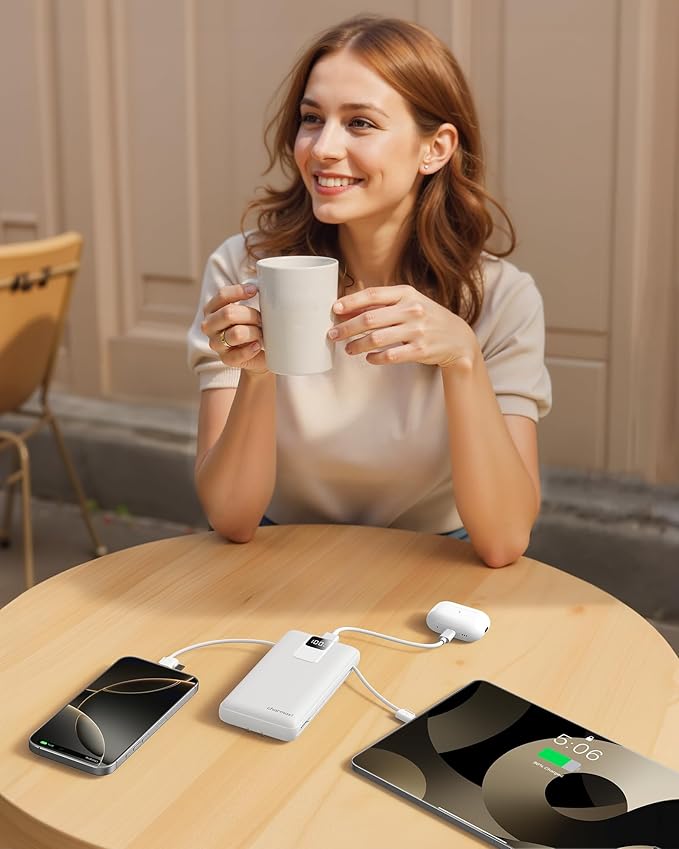 charmast 20000mAh Portable Charger with Built-in Cables & Wall Plug, 20W USB C Power Bank, Fast Charging Battery Pack Travel Essentials Compatible with iPhone 16/15/14 Series, Samsung, Google, iPad