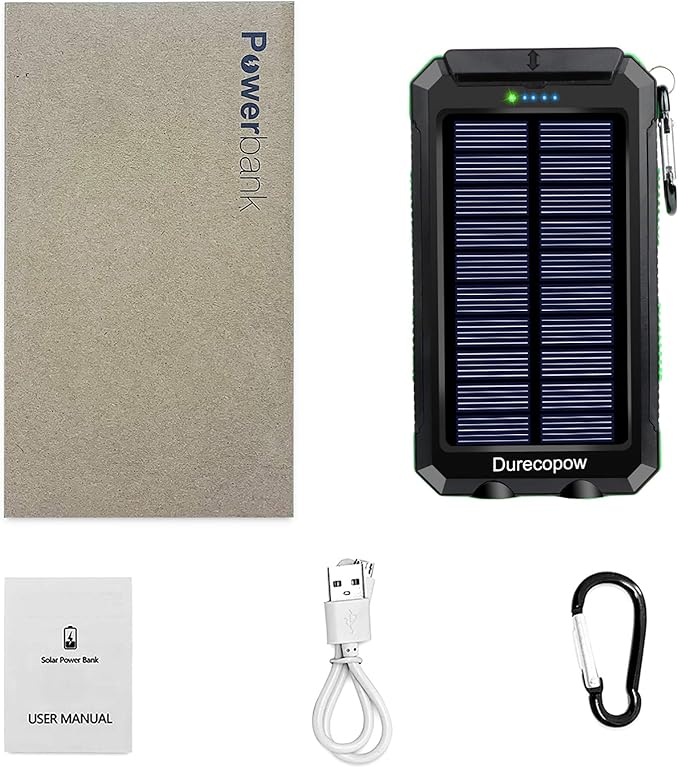 Solar Charger Power Bank, 20000mAh Portable Outdoor Waterproof Solar Battery Charger, Camping External Backup Battery Pack USB C Ports Input/Output, 2 Led Light Flashlight with Compass (Green)