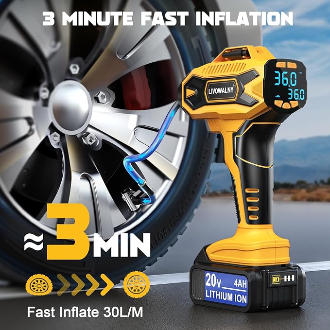Cordless Tire Inflator Air Compressor Compatible With Dewalt 20V Max Battery: LIVOWALNY Portable Handheld Air Pump with Digital Pressure Gauge for Cars Motorcycles Bikes Sport Balls Auto