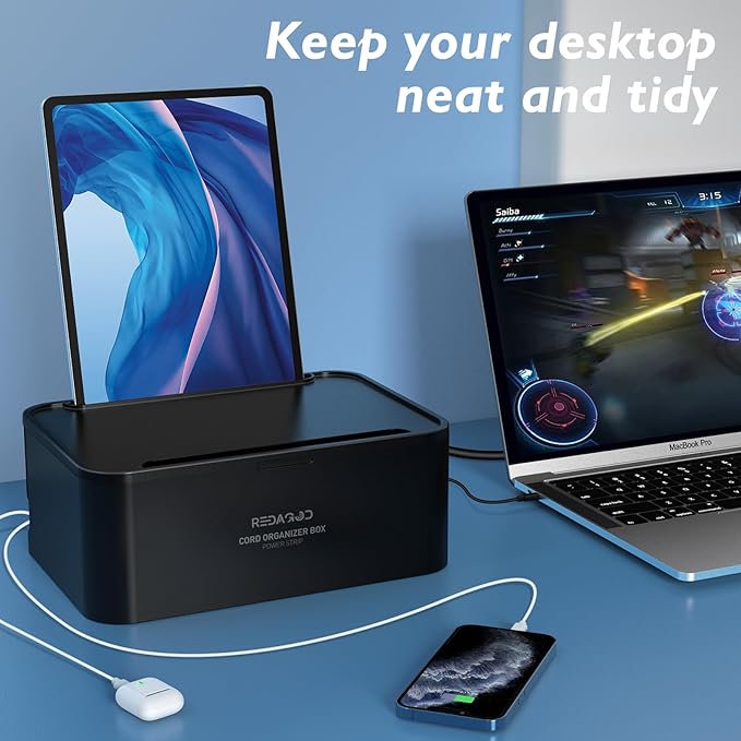 Power Strips with Cable Management Box,Redagod Surge Protector with 8 Outlets 3 USB Ports with Switch Control,6.6 ft Plug Extension Cord,Power Cord Organizer Charging Station for Dorm, Office, Home