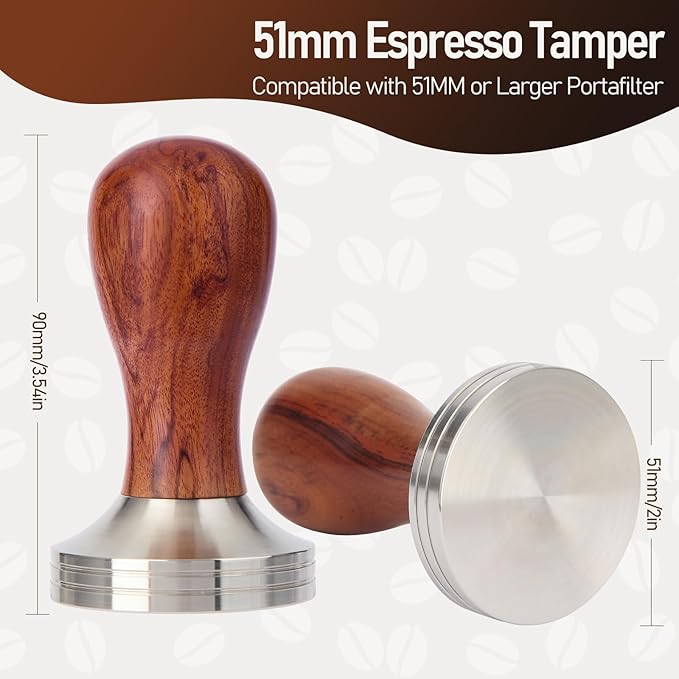 51mm Espresso Tamper Kit, Hard Wood Espresso Tamper Tool & Powder Press Pad & 8-Needles Espresso Stirrers For 51 mm Portafilter