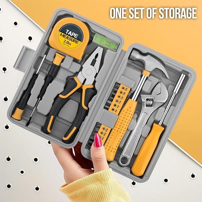 20 Pieces Home Tool Set, Basics Household Tool Kit with Small Mini Carrying Box for Men and Women DIY (Yellow)