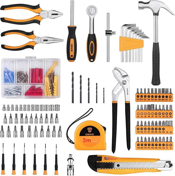 DEKO 196 Piece Tool Set General Household Hand Tool Kit with Rip Claw Hammer,Lineman's Plier, Measure Tape Rule & Plastic Toolbox Storage Case