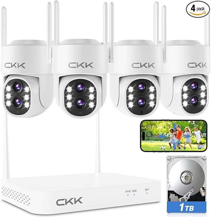 CKK 【Dual Wi-Fi, Dual Lens】 Wireless Security Camera System, 4PCS Outdoor Dual Lens PTZ Cameras Plug & Play for 24/7 Recording, AI Motion Detection/Color Night Vision, 2.4G/5G WiFi, and 1TB HDD.
