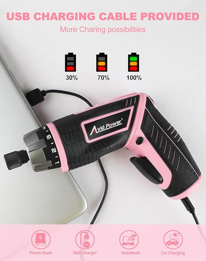 AVID POWER Electric Cordless Screwdriver Set Rechargeable 4V Power Screwdriver Kit with 44pcs Accessories, 5.65Nm Screw Gun, 5+1 Torque Setting, 2 Position Handle with LED Light - Pink Tools for Women
