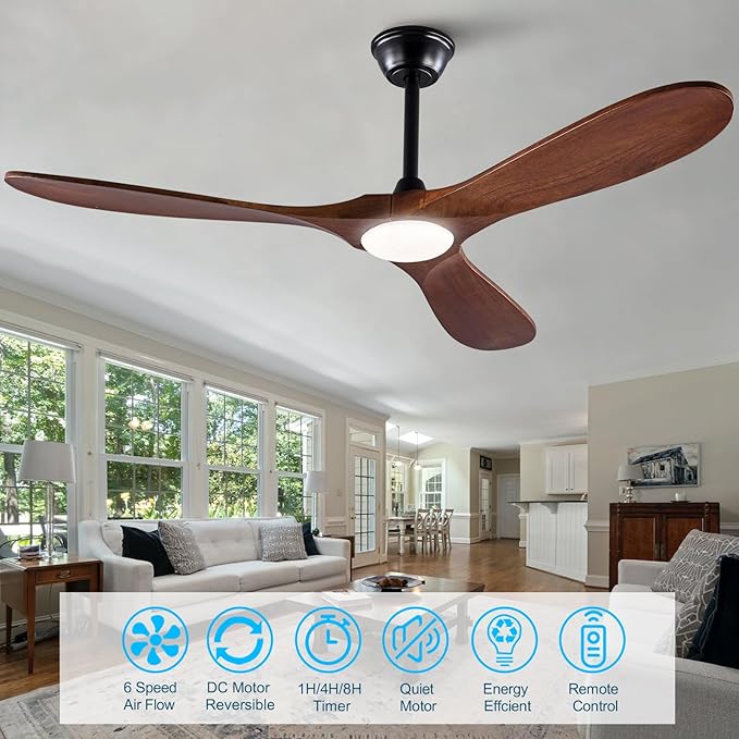 60 inch Wood Ceiling Fans with Lights and Remote,6 Speed Reversible DC Motor Indoor Outdoor Ceiling Fan for Patio,Living Room,Bedroom Black High Air Volume