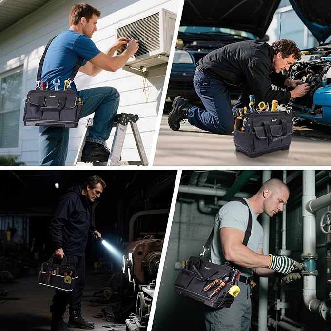 TICONN Heavy Duty Tool Bag with Multi-Pockets, Portable Tool Box Organizer Storage Bag, with Adjustable Shoulder Strap and Ergonomic Handle (Black, 14" Molded Base)