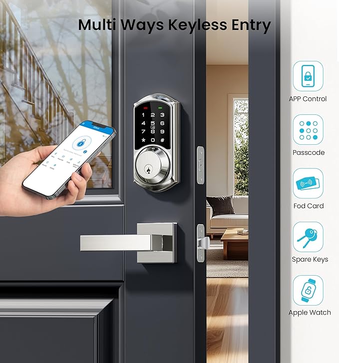 Veise VE06-L Smart Locks with 2 Lever Handle Set, App Control, Keyless Entry Deadbolt for Front Door, Electronic Digital Touchscreen Keypad, Auto Lock, Waterproof, Easy Installation, Satin Nickel