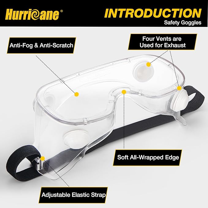 HURRICANE 2 Pack PVC safety goggles, UV400 transparent lenses, with white air valve, anti-fog function, adjustable elastic band
