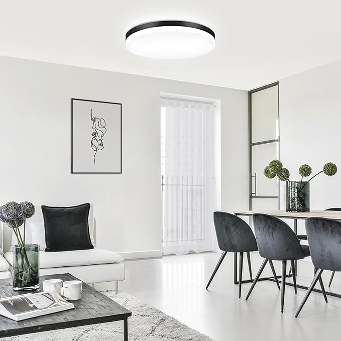 DLLT 24W Modern Dimmable Led Flush Mount Ceiling Light Fixture, 13 Inch Black Round Close to Ceiling Lights for Bedroom, Kitchen, Dining Room, Living Room 3000K-6000K 5 Light Color Adjustable