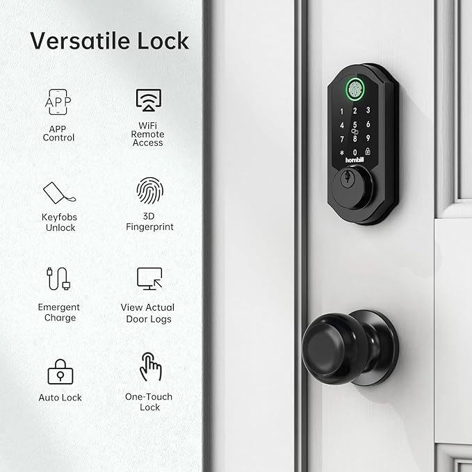 Hornbill Front Door Lock Set: WiFi Keyless Entry Smart Deadbolt Knob with Fingerprint Keypad App Code Fobs Remote Control Alexa Google, Digital Electronic Touchscreen Lock for Exterior - Black