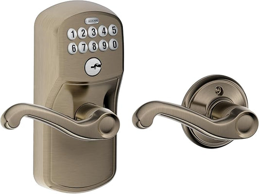 SCHLAGE FE575 PLY 620 FLA Plymouth Keypad Entry with Auto-Lock and Flair Levers, Antique Pewter
