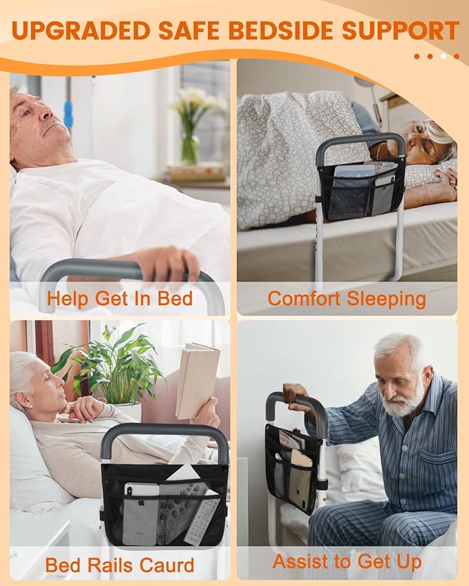 Bed Rails for Elderly Adults Safety - Adjustable Bed Assist Rail for Seniors - Stable Bed Side Rails Handle Support Bar Beds Guard Rail with Storage Bag & Fixing Strap, Fit King Queen Full Twin