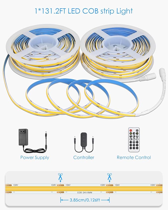 131.2FT 24V COB Led Strip Lights 3000K Dimmable LED Light Strips with Remote Warm White 480LED/M Hight Density Flexible COB LED Tape Light for Bedroom Cabinet Stairs Corridor(40M/2roll)
