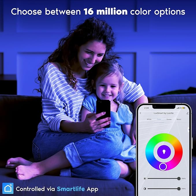 LUXRITE 12-Pack 6 Inch Smart LED Recessed Lighting, RGBW Color Changing, WiFi App and Voice Control, Compatible with Alexa and Google Home, No Hub Required, 13W 1000LM, CRI 90, IC Rated, Wet Rated