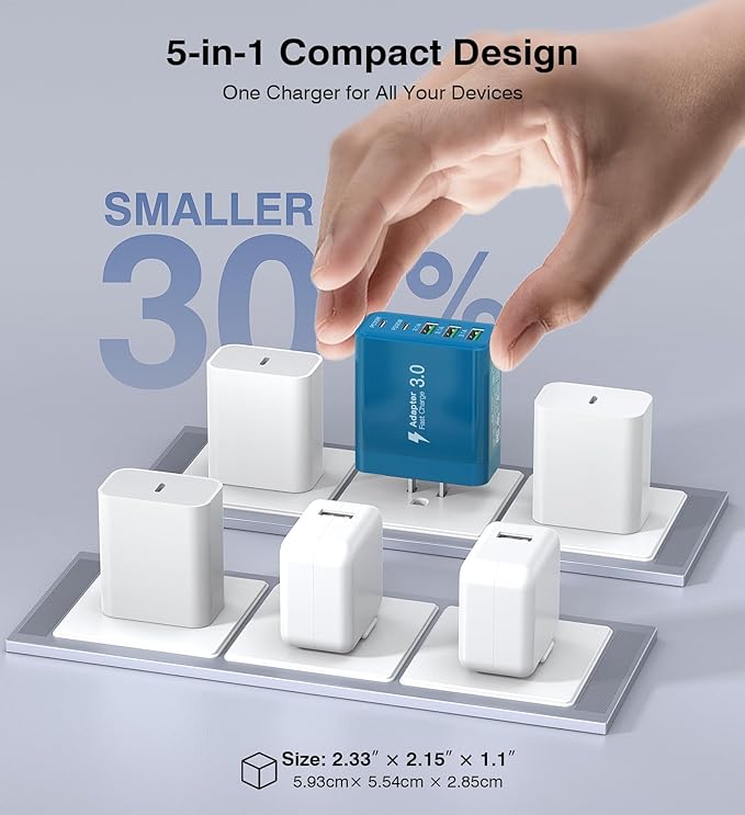 [2-Pack] USB C Wall Charger, 50W Fast USB C Charger Block, 5-Port PD Power Adapter + QC Wall Plug Multiport Type C Charging Block Cube Compatible with iPhone 16 15 14 13 12 11 Pro Max XR XS, Blue