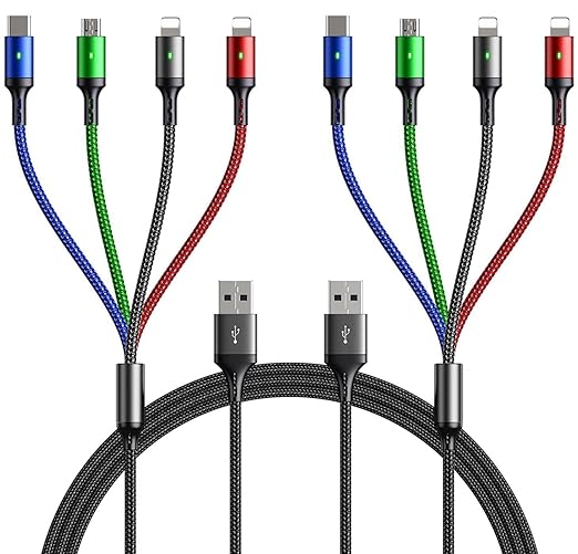 Multi Charging Cable 4A,5Ft/ 2Pack 4 in 1 Charger Cable,Braided Multiple USB Cable Universal USB C Charging Cord with Lightning/Type C/Micro USB Port for iPhone 17/16/15/14/13/Samsung Series/PS & More