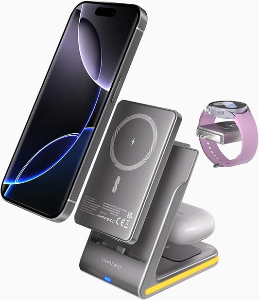 Wireless Charger 5 in 1 Magnetic Charging Station Stand with Portable Power Bank for Apple/Samsung Multiple Devices for Apple Watch 10-2,iPhone 16 15-12 Pro Max/Samsung Galaxy S25 Ultra S24-S8