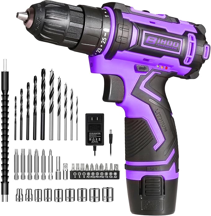 Purple 12v Cordless Drill With Battery And Charger, Electric Screwdriver Kit, 25+1 Torque, Stud Finder Ready,Front LED Light