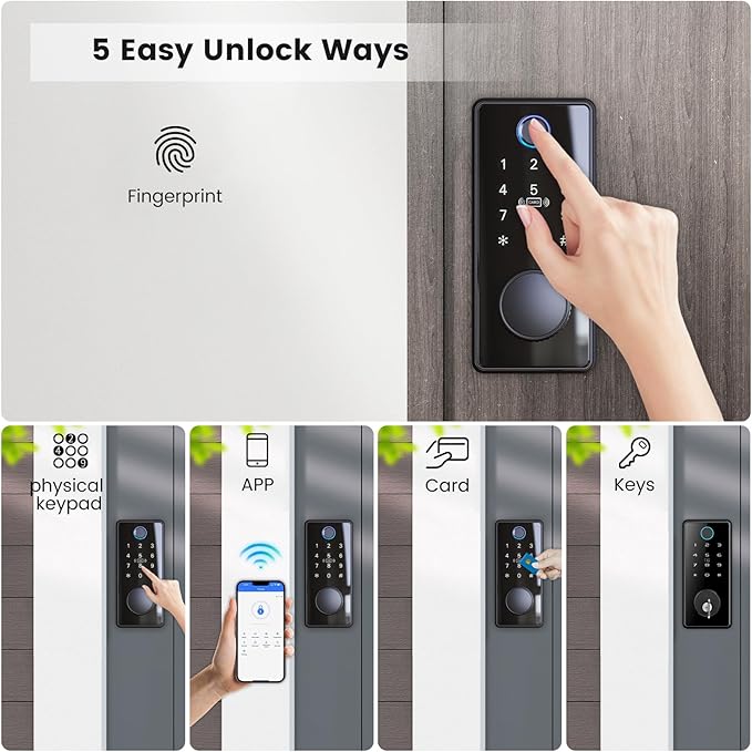 Fingerprint Keyless Entry Door Lock, Electronic Door Lock with Touchscreen, Auto Locking, One-Time Code, Keypad Deadbolt, One-Touch Locking, Easy Installation, BHMA - Black