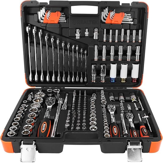 REALTEK 178 Pieces Socket Wrench Set 1/4"3/8"1/2",CR-V Metric Wrench Set with Extension Bar,Quick-Release Ratchet Wrench with Bit Socket Set for Auto Repairing,Household and Workshop,Durable Tool Box