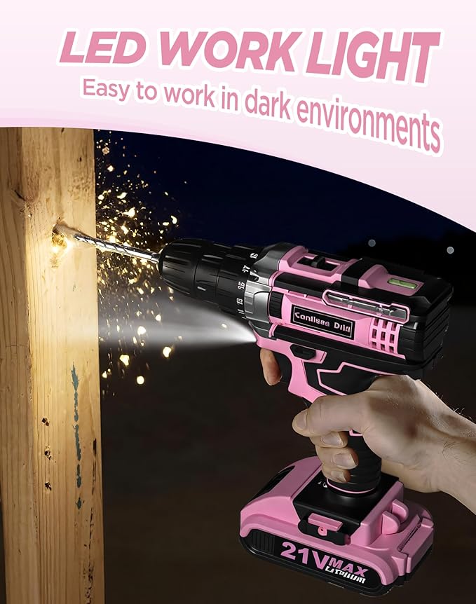 Drill, 21V Cordless Drill with Dual 2.0Ah Power Pack and Charger, Electric Power Drills Set, 3/8 Inch Chuck, 25+1 Torque, 2 Speed 29 Accessories Tool for DIY, Gifts