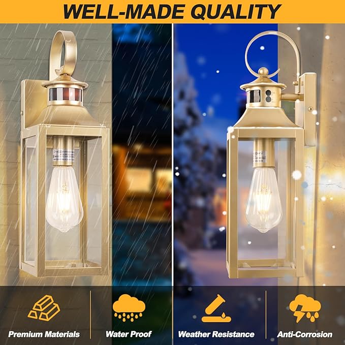 Motion Sensor Outdoor Wall Lights 2 Pack - Gold Dusk to Dawn Light Fixtures, Modern Exterior Wall Sconces, Large Outside Lamps for House, Garage Wall Lanterns 16"