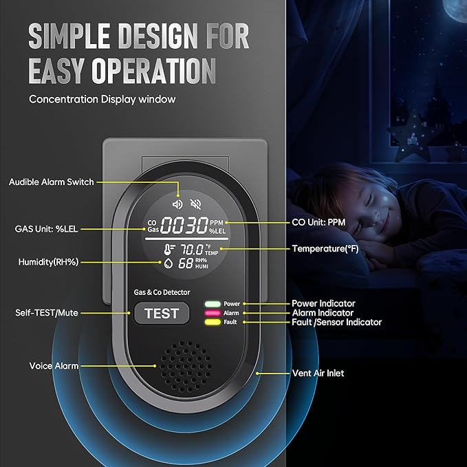 Portable Carbon Monoxide Detector 8-in-1, Carbon Monoxide Detectors Plug-in with HD Screen Natural Gas/Temp/Humidity, CO Monitor Alarm Sound Warning for Travel, Home, RV, Apartment Safety