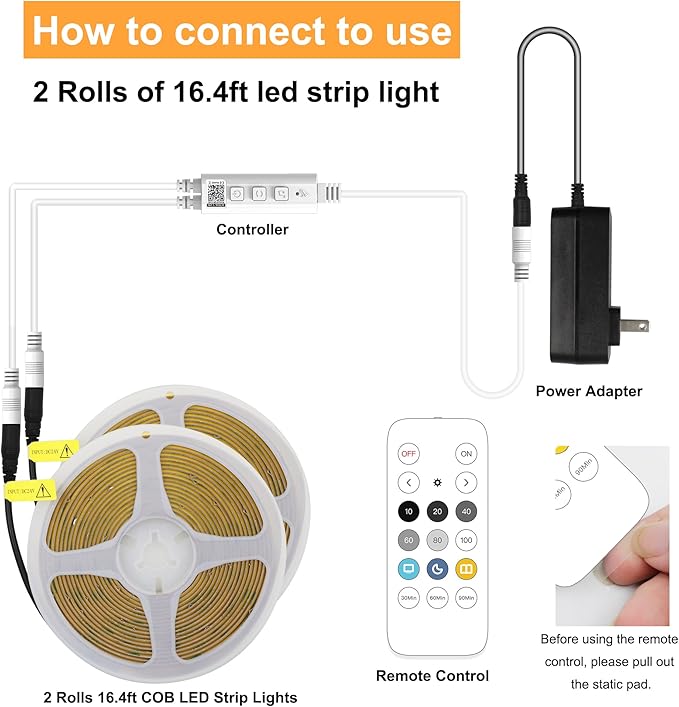 32.8ft White COB LED Strip Light, High Bright LED Strips with 320LEDs, RF Remote and UL Power Supply, 6000K Dimmable LED Lights for Bedroom, Kitchen, DIY Home Decoration, 2 Rolls of 16.4ft