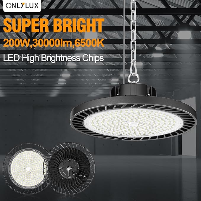 4Pack LED High Bay Light 200W 30000LM Commercial Lighting Products, 100-277V 6000K with Plug, Led Shop Lighting for Garage Barn Gyms Workshop Lighting