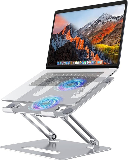 Adjustable Laptop Cooling Stand with 2 Quiet Fans & RGB Lighting, Aluminum Alloy & Foldable Ergonomic Design for MacBook, Lenovo, ASUS, Dell 10-16 Inch, Perfect for Gaming, DJ, Office - Silver