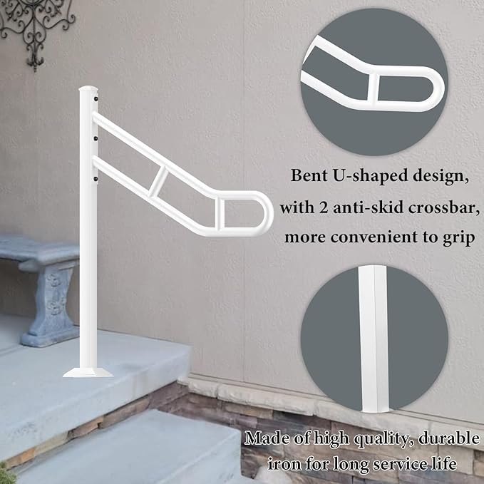 Upgraded Single Post Handrail, White Bent Wrought Iron Handrails for Outdoor 1-3 Steps, Metal Freestanding Stair Railing, Floor Mounted Hand Rails with 2 Anti-Skid Crossbar for Garage, 32"L x 35.8" H