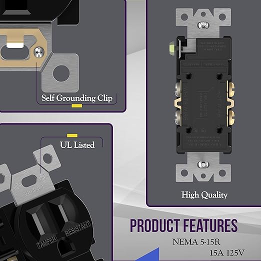 ENERLITES Tamper-Resistant Child Safe Duplex Receptacle Outlet, Residential Grade, 3-Wire, Self-Grounding, 2-Pole, 15A 125V, UL Listed, 61580-TR-BK, Black (10 Pack)