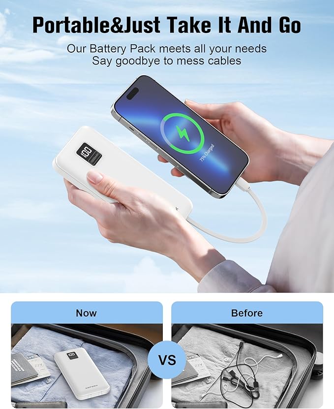 AsperX 2-Pack 10000mAh Portable Charger, USB C Power Bank Fast Charging with Built-in Cables, LED Display External Battery Pack for iPhone, Android, Google LG and Heated Vest