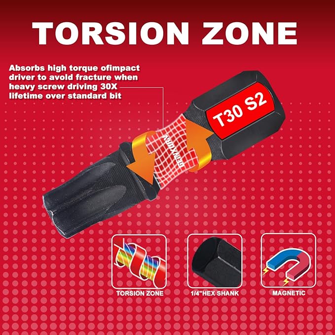 30Pieces 2 In. T30 Impact Tough Magnetic Screwdriver Bit Set, #30 Torx Head Power Bits, S2 Alloy Steel Star Bits with 1Pc Impact Bit Holder and Storage M-Box