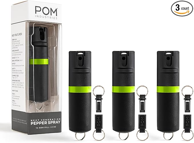 POM Pepper Spray Keychain, Quick Key Release for Instant Access, Flip Top Safety, Maximum Strength OC Formula with UV Marking Dye, 25 Bursts, 10 ft Range, 0.5 fl oz