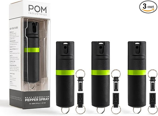POM Pepper Spray Keychain, Quick Key Release for Instant Access, Flip Top Safety, Maximum Strength OC Formula with UV Marking Dye, 25 Bursts, 10 ft Range, 0.5 fl oz