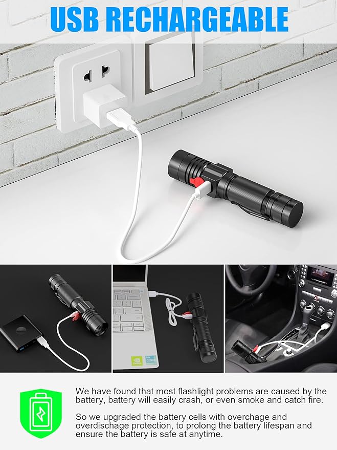 Rechargeable LED Flashlights, Magnetic Flashlight Super Bright Tactical Flashlight with SideLight,USB Rechargeable,Zoomable,Waterproof Best Small Flashlight for Camping, Emergency