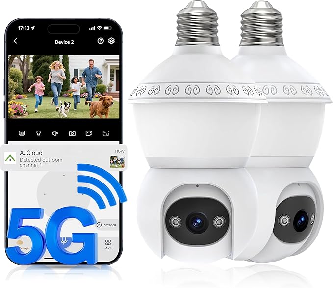 Light Bulb Security Camera, 5G/2.4GHz WiFi Lightbulb Cameras Outdoor for Home Security,Smart AI Human Detection,Color Night Vision, 2-in-1 Bulb Security Camera with LED Light E27 Compatible (2Pack)