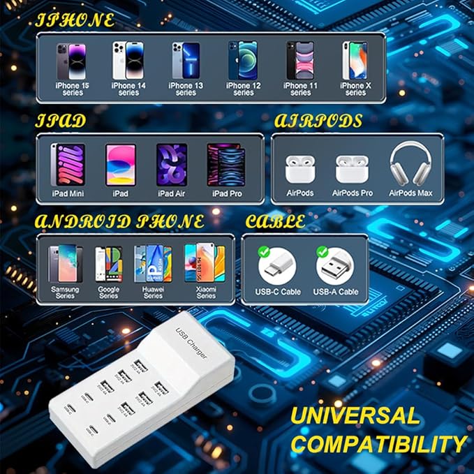 USB C Fast Charger, 10-Port Portable Charging Station, Suitable for Various Devices, Compatible with iPhone, iPad, Samsung, Google, Xiaomi, Huawei and Other USB Charging Devices
