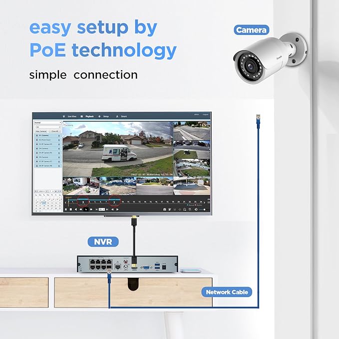 4K PoE Security Camera System, 6X 8MP Wired Bullet IP PoE Cameras with Mic, AI Human Vehicle Detection, 100ft IR Night Vision, 4K 8 Channel NVR 2TB HDD for Home 24/7 Recording, PB37F0608-8M