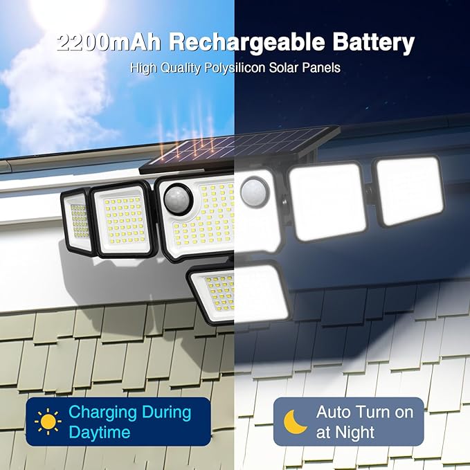 6000LM Solar Lights Outdoor Waterproof, 6 Heads Solar Flood Lights Outdoor with 2 Motion Sensor, 310 LED Motion Light with Remote Control for Yard Outside House Patio 3 Pack
