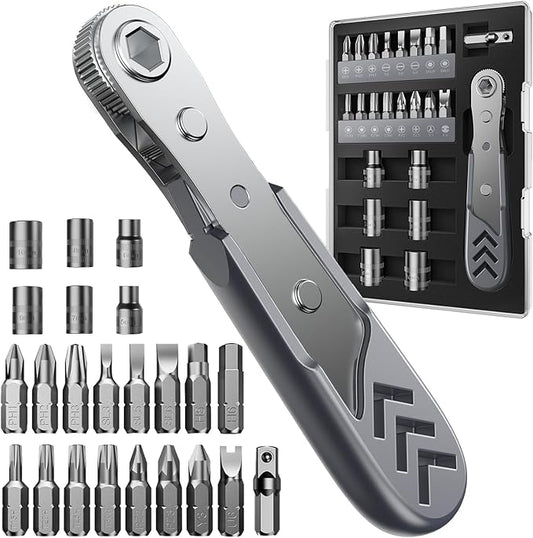 AXTH 23-in-1 Right Angle Ratcheting Screwdriver Set, [Bearing Steel] 36-Tooth Mini Ratchet Wrench, Men Gifts, Low Profile Ratchet Screwdriver, Magnetic Offset Screwdriver Repair Tool